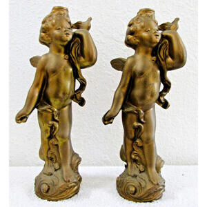 Matched Pair of Antique Gold Cherub with Dove Cast Bronze Sculptures
